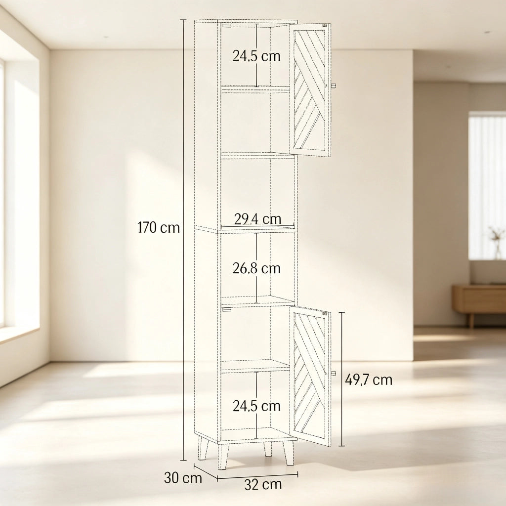 Armadietto da bagno alto con 2 vani aperti, 2 ante e ripiani regolabili, in bambù e truciolare, 32 × 30 × 170 cm