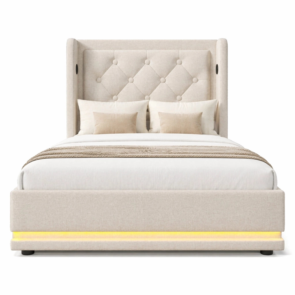 Letto singolo imbottito 90x200 cm beige con contenitore idraulico, testiera con USB Type-C e LED a 3 lati, con materasso