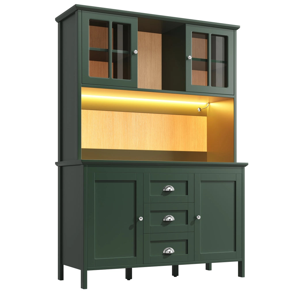 Credenza alta da cucina con ripiani; LED; 2 piedini regolabili; ante in vetro marrone e cassetti per cucina; verde; 120 × 40 × 179 cm