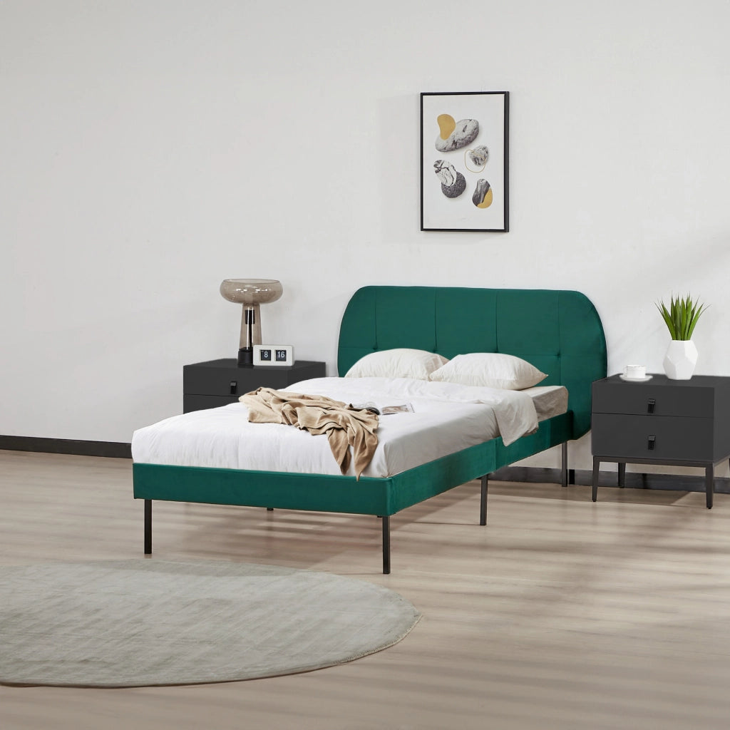 Letto Singolo Porvoo 90x200 cm Testiera Imbottita Rivestimento in Velluto - Verde Scuro [en.casa]