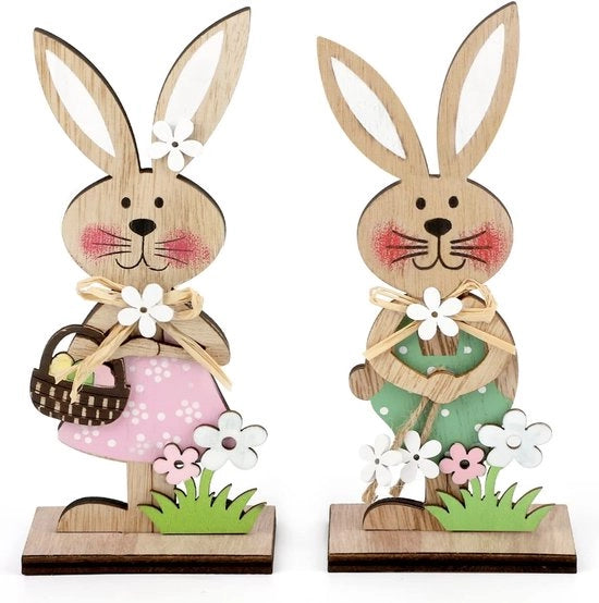 Decorazione di Pasqua in legno, paas decorazione in legno da posizionare, figurine di coniglio di Pasqua in legno, set di 2 figure decorative da appendere per Pasqua, decorazione di Pasqua per giardino.