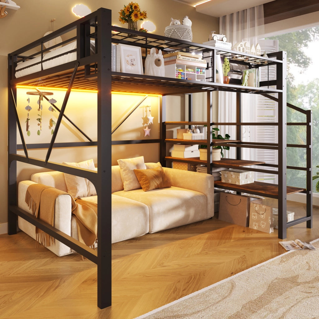 Letto a soppalco 140x200 cm in metallo nero con scala contenitore e LED