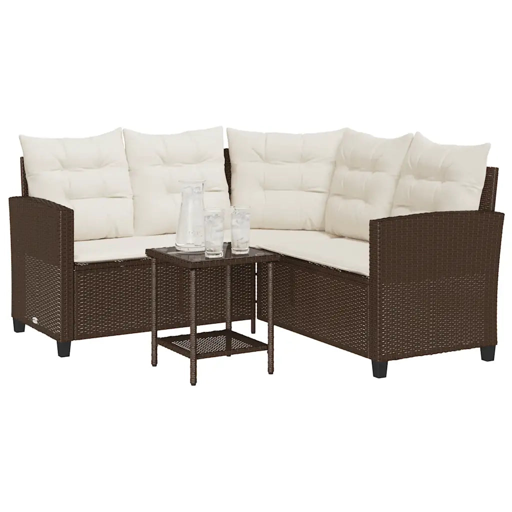 Divano da Giardino con Tavolo e Cuscini a L Marrone Polyrattan 4103873