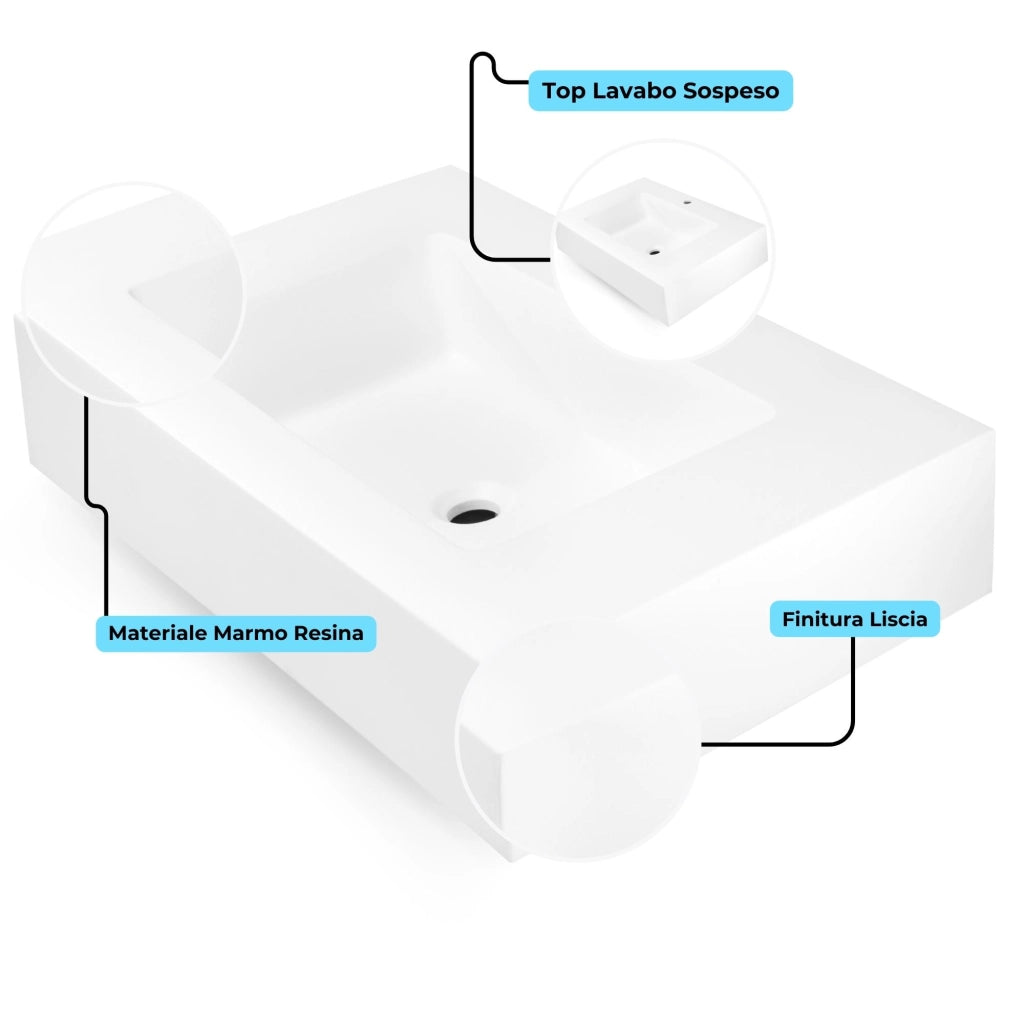 Top lavabo sospeso in materiale marmo resina finitura liscia due colorazioni *** misure 90x46x15 cm, tinta bianco opa...