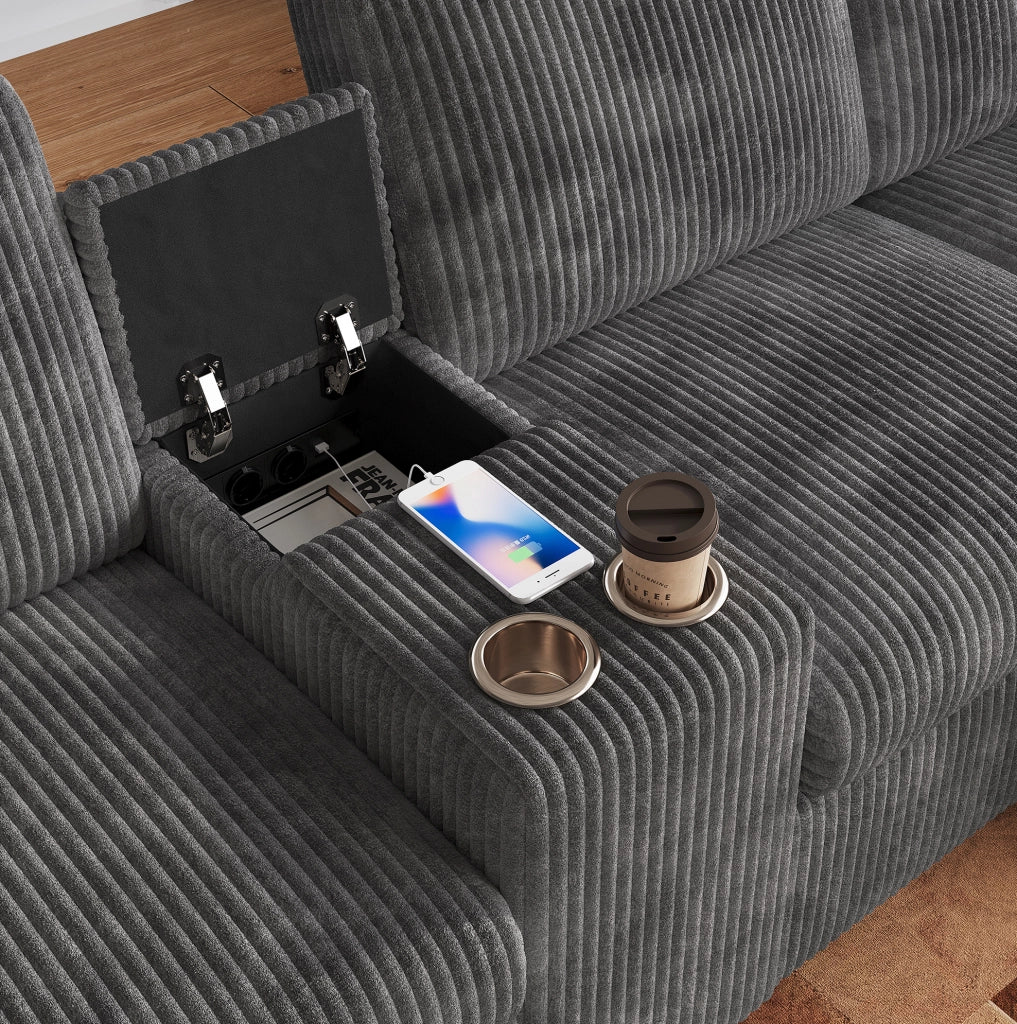 Divano a U in velluto a coste grigio con 2 pouf contenitore; tavolino e porte USB/Type-C