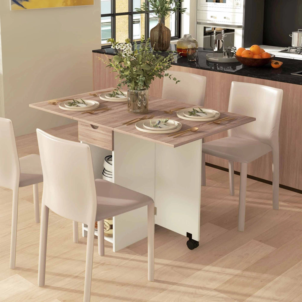 Tavolo da Pranzo Pieghevole Salvaspazio con Cassetto e Ripiani ¨C Zephmum ¨C Rovere