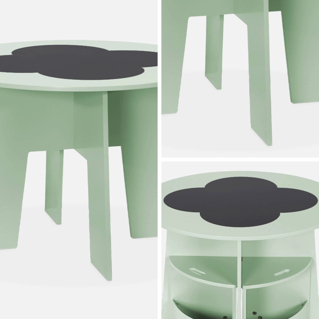 Tavolo con ardesia e 4 sedie con contenitore per bambini, verde