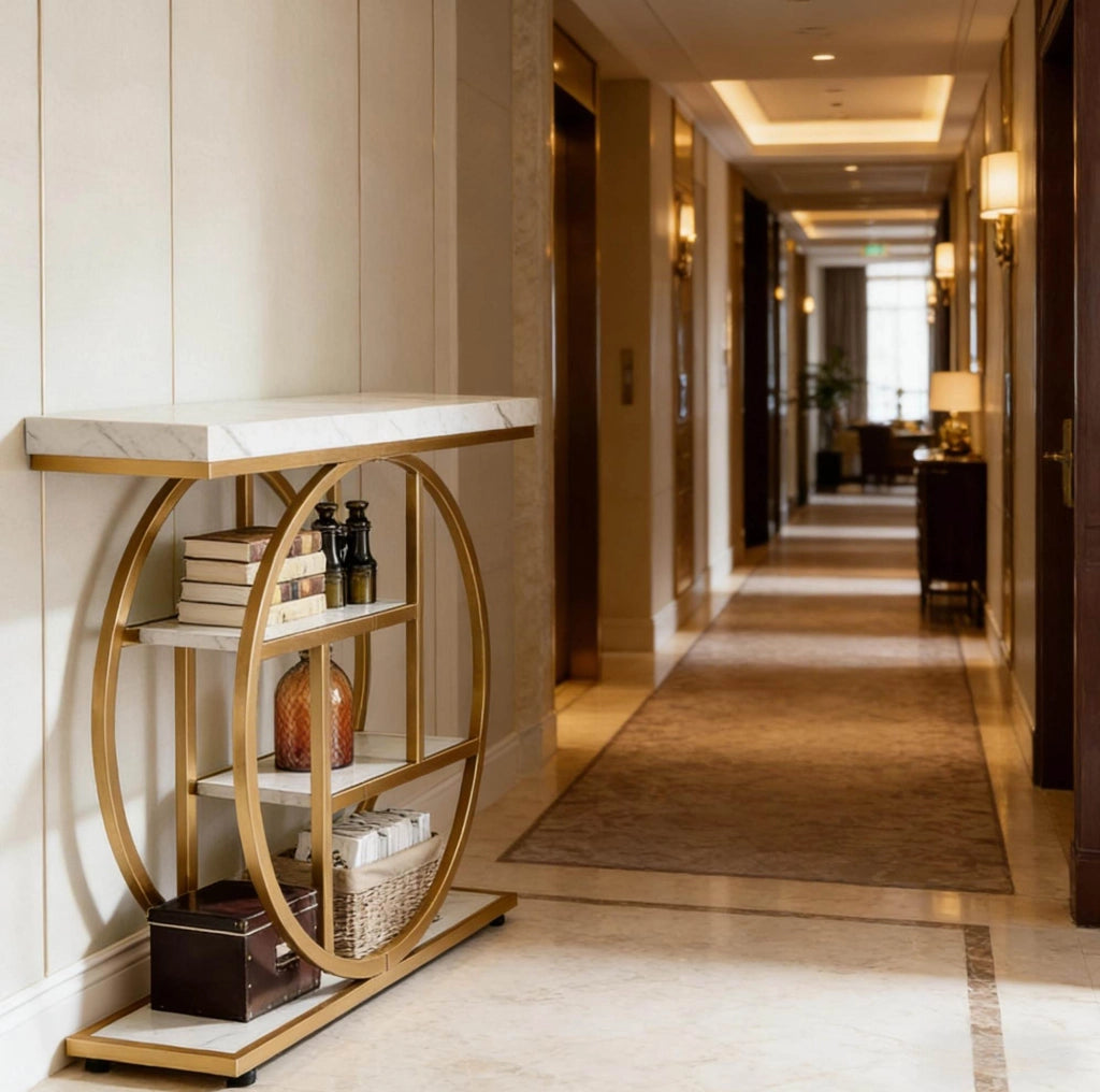 Tavolo consolle industriale a 4 livelli 105x30x80 cm in metallo e legno bianco e oro