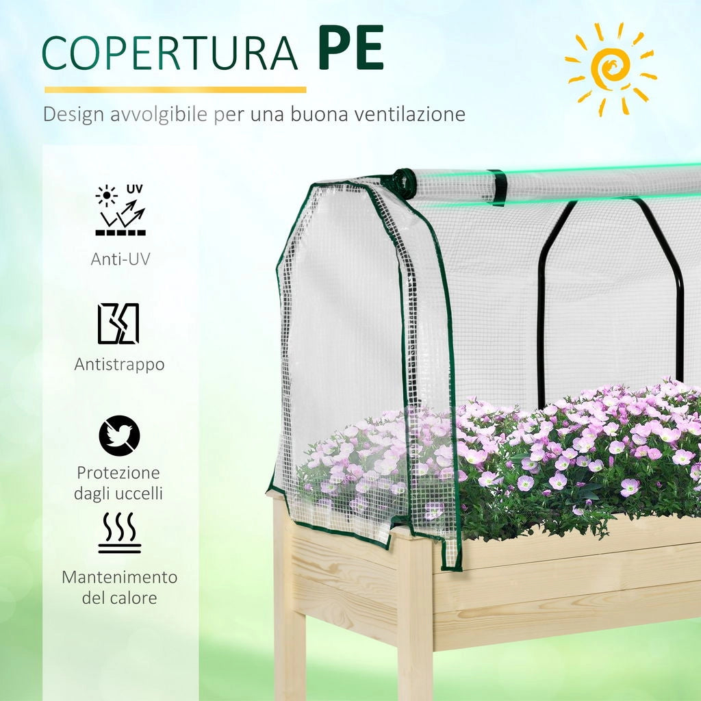 LETTO PER ORTO IN CASSETTA CON SERRA DA GIARDINO, PORTAPIANTE DA ESTERNO IN LEGNO E PE PER FIORI E VERDURE