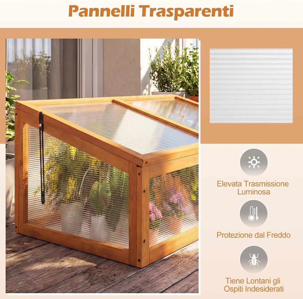 Serra in Legno, Mini Serra con Tetto Trasparente Apribile, Letto Rialzato da Interno ed Esterno per Balcone, Giardino e Veranda (Arancione)