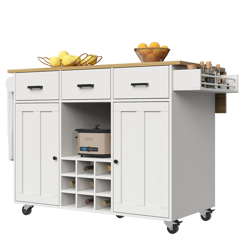Carrello da Cucina con 3 Cassetti; 2 Ante; Portaspezie; Portaasciugamani e Piano Ribaltabile in MDF 104x39;5x91;5 cm Bianco
