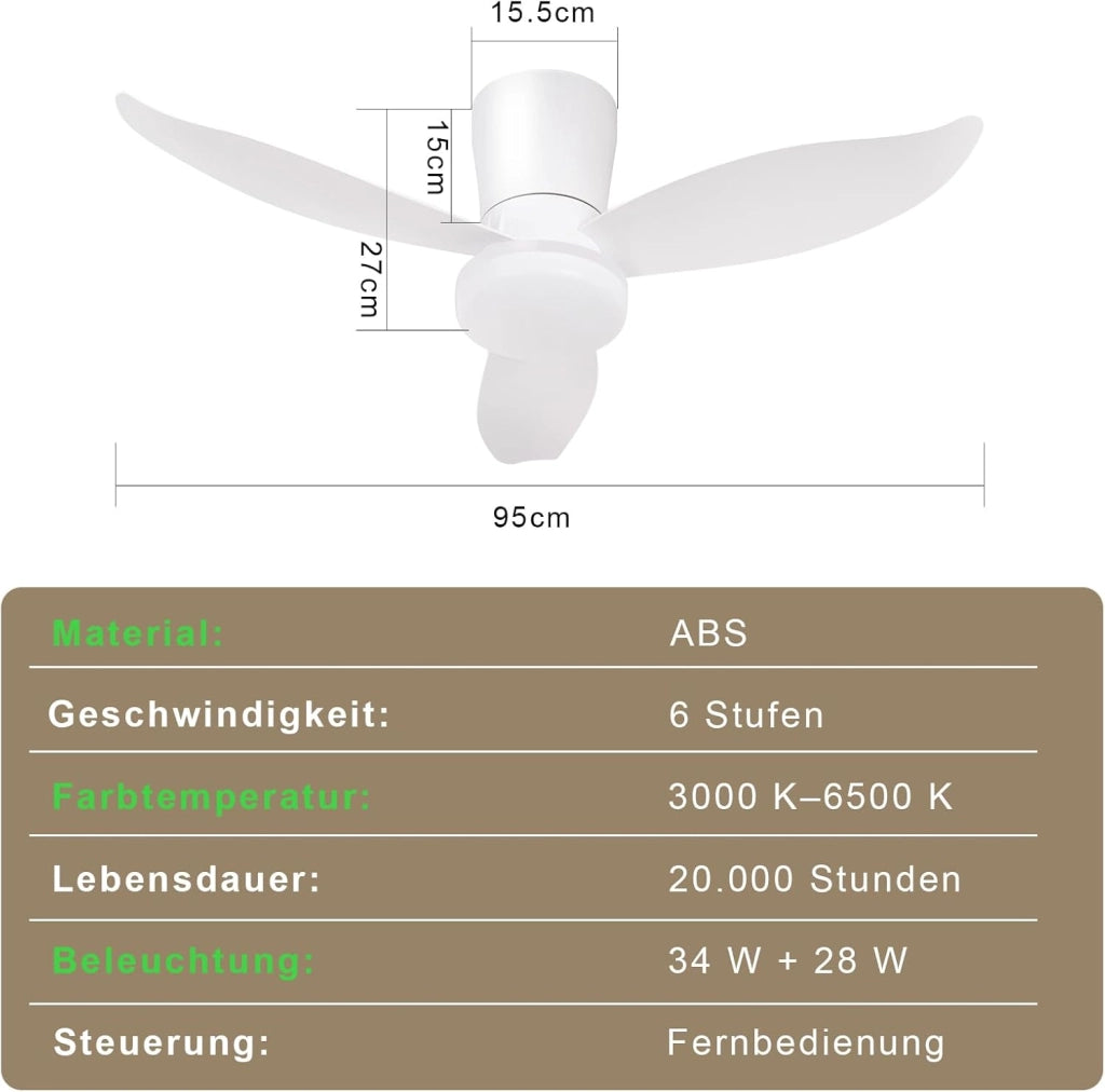 ZMH Ventilatore da Soffitto con Luce 3 Pale Silenziose Bianche Luminosità Regolabile 6 Velocità per Camera da Letto