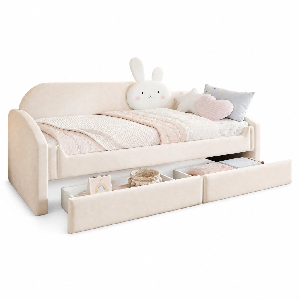 Letto per bambini 90x200 cm con 2 cassetti e LED; rivestito in velluto beige