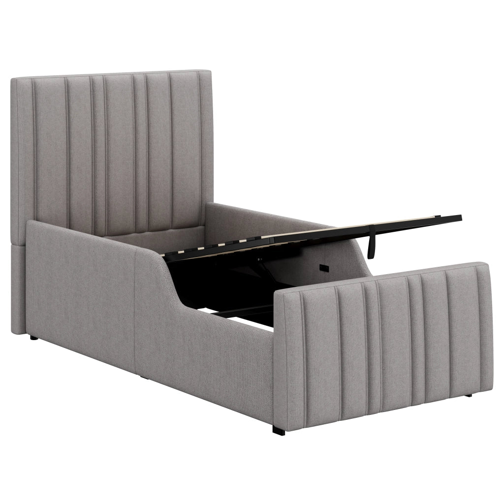 Letto singolo imbottito per Bambini con contenitore idraulico, rete a doghe, testiera e rivestimento in lino grigio 90x200 cm