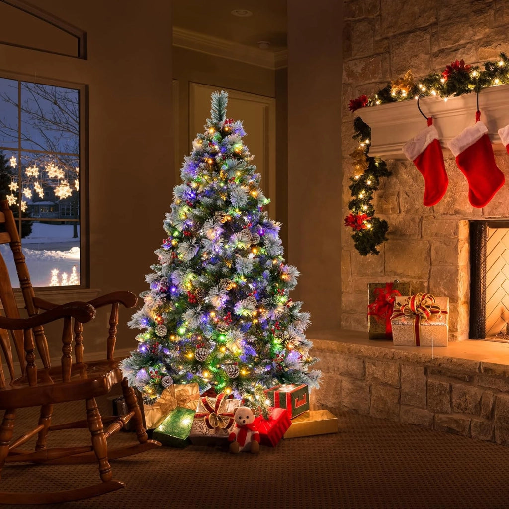 Albero di Natale Innevato 185/215 cm Pre-Illuminato e Incernierato, con 747/1116 Punte, 350/400 Luci LED, 55/70 Pigne, 55/70 Bacche Rosse e 11 Modalità di Illuminazione (185 cm)