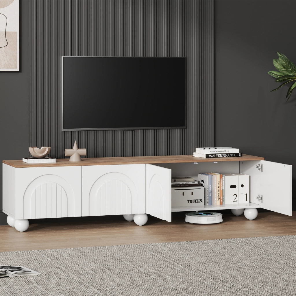 Mobile porta TV con 4 ante e 2 vani, in MDF e gambe in metallo, per soggiorno, bianco e effetto legno, 180 × 40 × 45 cm