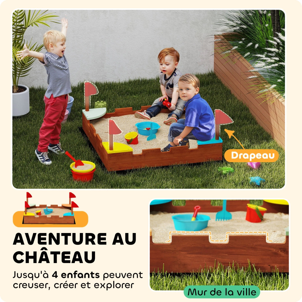 Sandbox in legno per bambini con sedili e bandiere ¨C zephmum ¨C marrone 90x90x17 cm