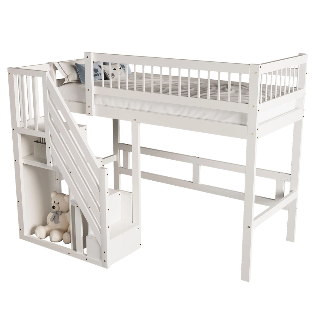 Letto singolo 90x200 cm; scala con contenitore; legno; bianco (Senza materasso)