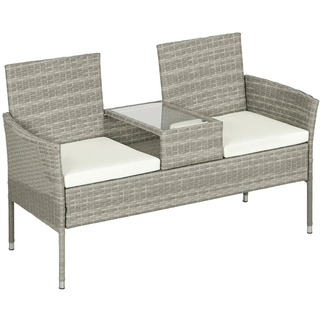 Divanetto per Esterni 2 Posti con Tavolino da Caff¨¨, in Acciaio e Rattan PE, 137x59x82 cm, Grigio e Crema
