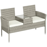 Divanetto per Esterni 2 Posti con Tavolino da Caff¨¨, in Acciaio e Rattan PE, 137x59x82 cm, Grigio e Crema