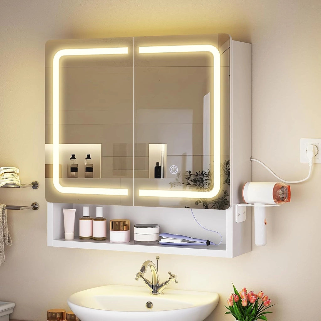 Specchio Bagno Contenitore con Luce LED e Presa Elettrica, Mobile Bagno a Specchio con 2 Ante e Gancio Asciugacapelli, 3 Temperature di Luce Dimmerabili a Touch, Ripiani Regolabili, Bianco