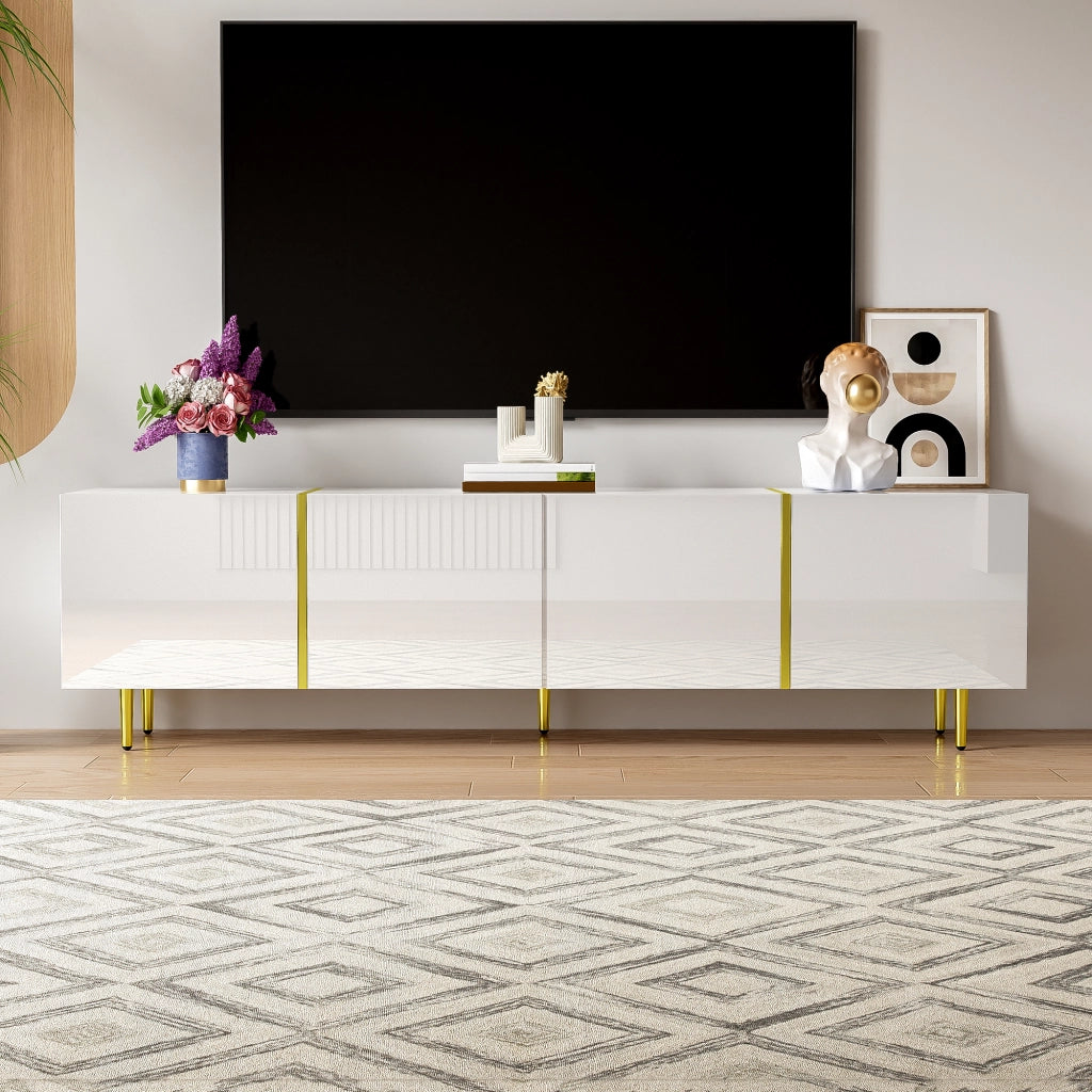 OKWISH Mobile TV con 4 Ante e Chiusura Ammortizzata, Finitura Lucida, per Soggiorno, MDF, Bianco, 170 x 35 x 46 cm