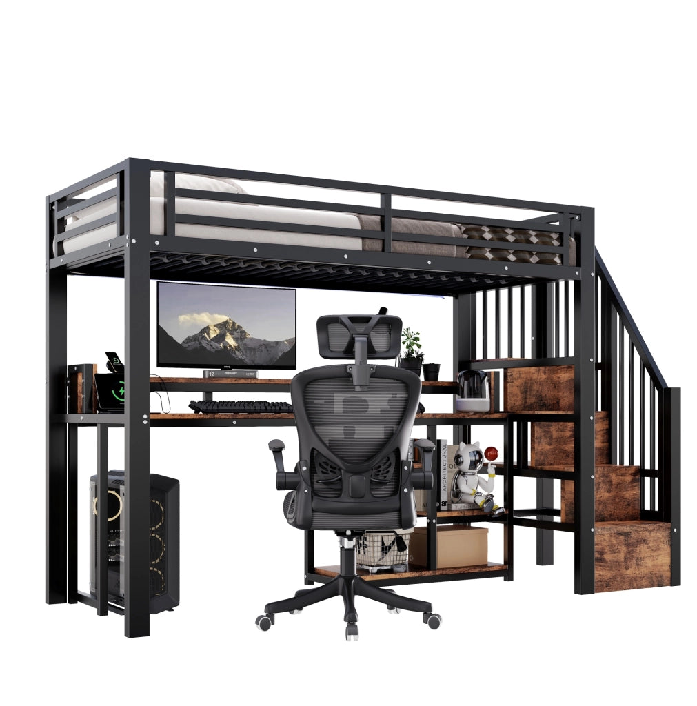 Letto a soppalco 90x200 cm in metallo e MDF; nero; con LED; USB e vano contenitore