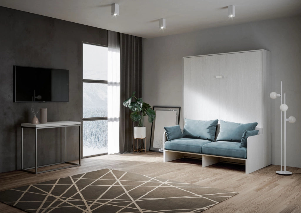 Letto matrimoniale a scomparsa 160 Kentaro con divano bianco frassino, azzurro