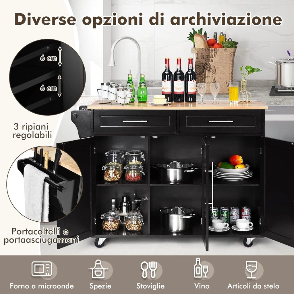 Carrello da Cucina, Carrello di Servizio con Ruote e Maniglia, 3 Ante e 2 Cassetti, Ideale per Cucina Ristorante Bar, 122x46x92,3 cm (Nero)