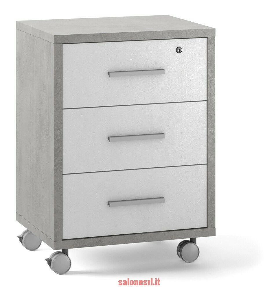MOBILE CASSETTIERA 3 CASSETTI SU RUOTE H71 L51 P41 Cm STRUTTURA CEMENTO FRONTALE BIANCO SARMOG Db733