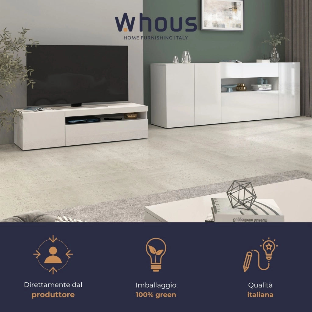 WHOUS Credenza Potenza con 3 ante 1 ribalta e 1 cassetto bianco lucido 220x40x81 cm