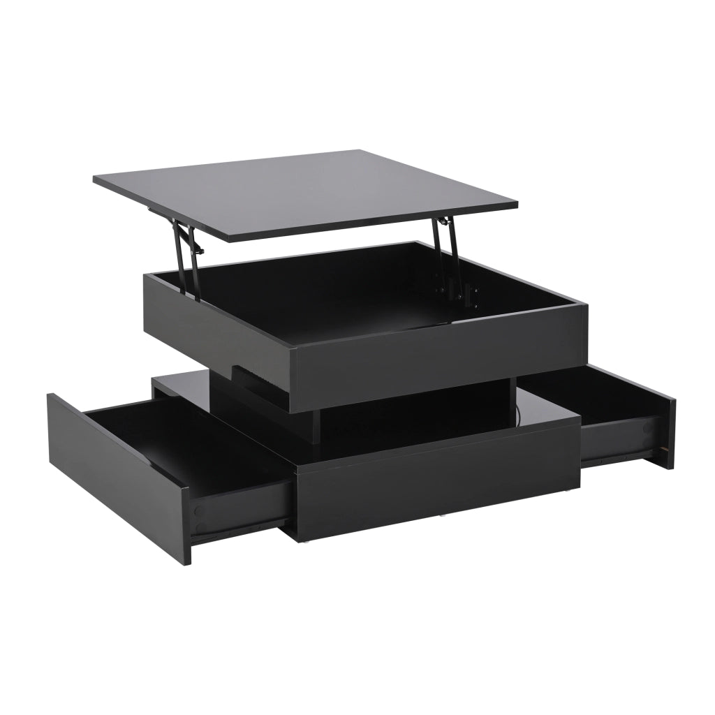 Tavolino da Salotto Alzabile Quadrato con 2 Cassetti e LED; Finitura Lucida; Vano Contenitore Nascosto; in Pannelli di Particelle; 65×65×38;5 cm; Nero