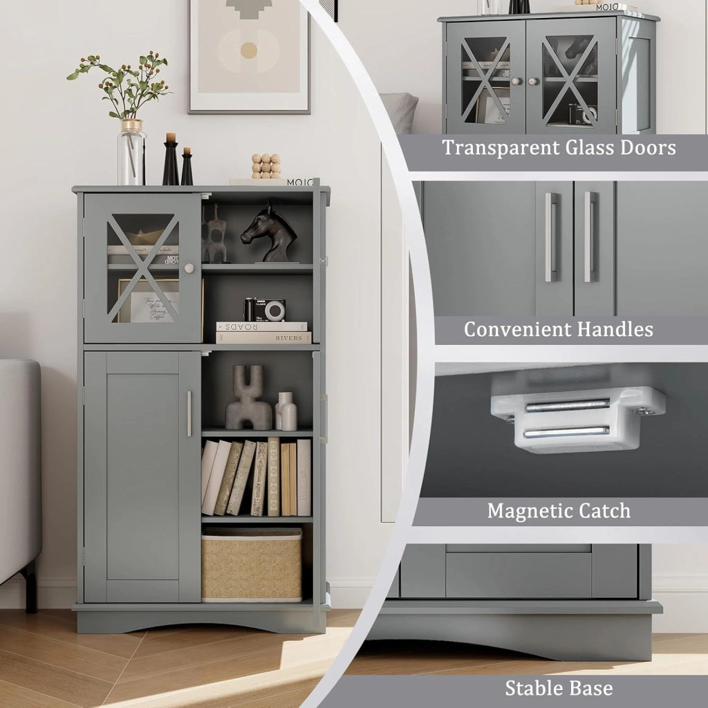 Armadietto da bagno in MDF, armadio indipendente con 4 ante e 3 ripiani regolabili, mobile bagno a pavimento per cucina, ufficio, 60 x 30 x 108 cm (grigio)