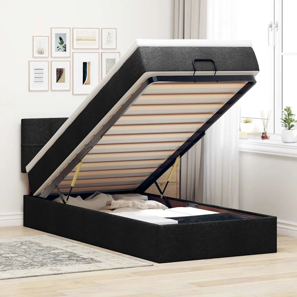 Pouf Letto con Materasso Nero 100x200 cm in Tessuto
