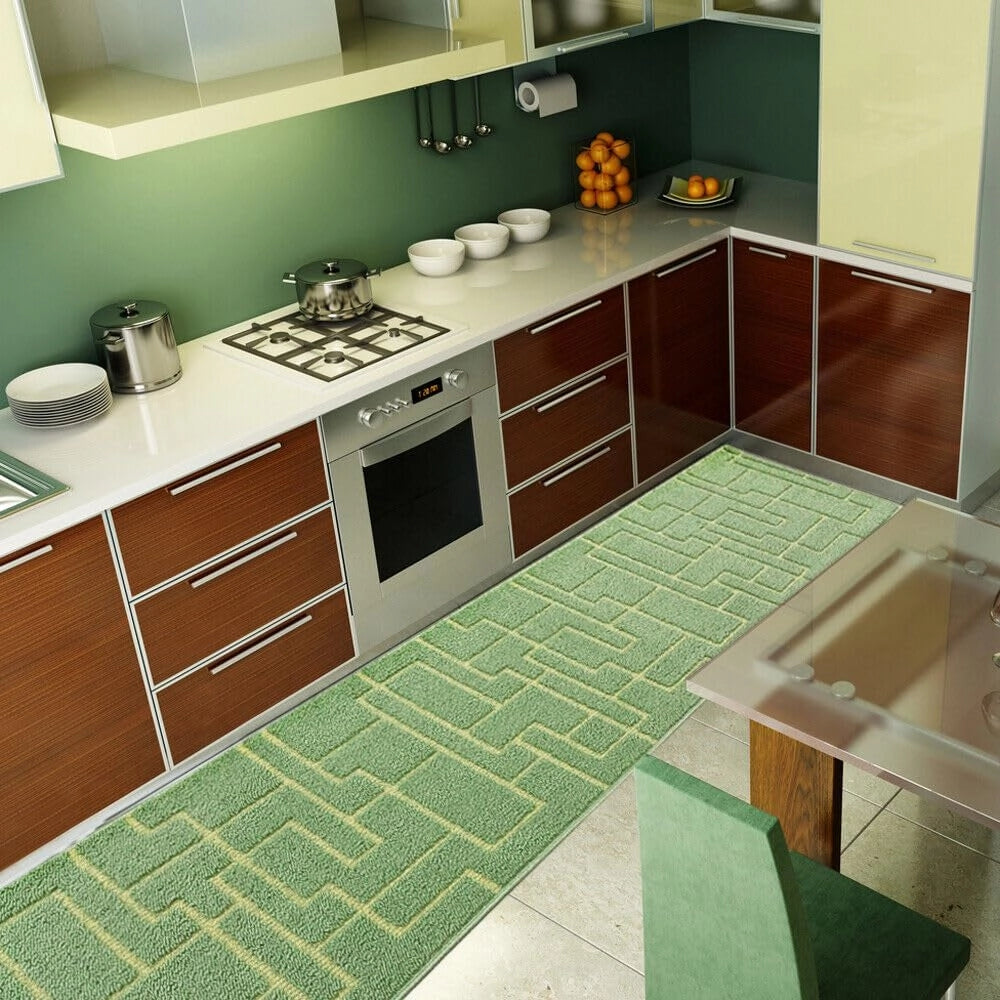 Tappeto Casa Cucina 3D 50x145 Cm Design Geometrico Moderno Assorbente Antiscivolo Verde