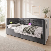 Letto divano 90x200 cm in velluto grigio con contenitore idraulico, USB e Type-C