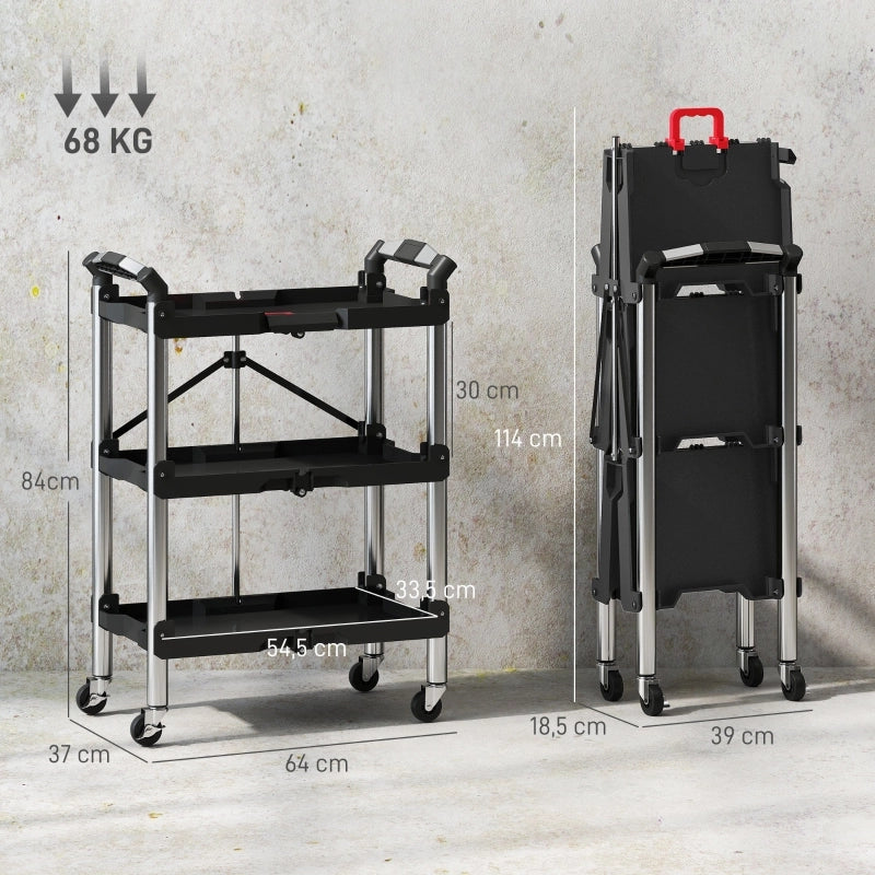 Carrello Portautensili Pieghevole 64x37x84 cm Nero a 3 Livelli con 4 Ruote e Portata 68 kg