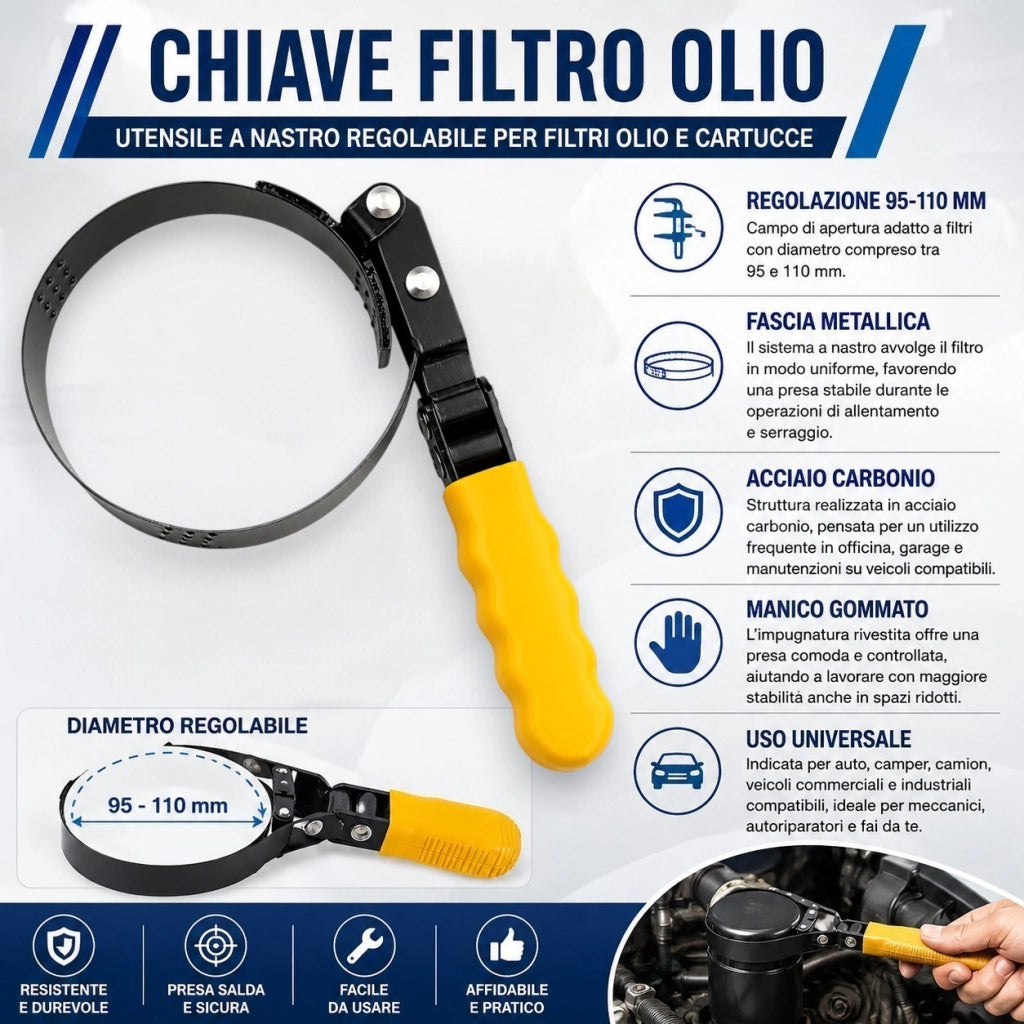 Chiave Nastro Filtro Olio Regolabile da 95 a 110 mm Manico Gommato 10290