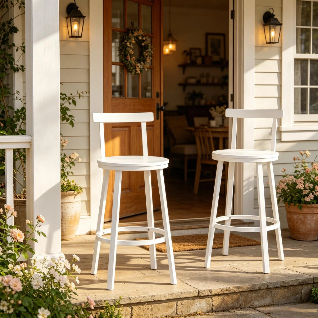 Sgabello da bar con schienale curvo e anello poggiapiedi in MDF e metallo bianco 2 pezzi per cucina 65 cm