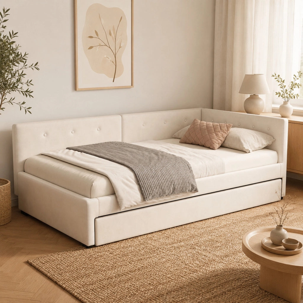 Letto singolo imbottito 90x200 cm con letto estraibile beige