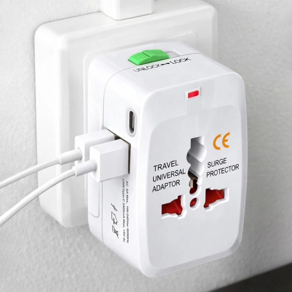 Adattatore da Viaggio Universale con USB / USB-C Anti-sovratensione Bianco Avizar