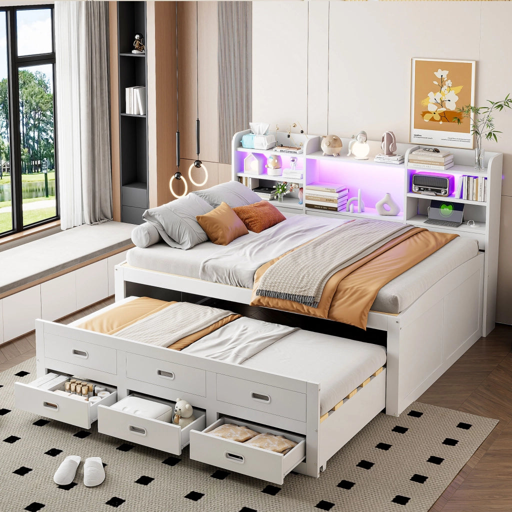 OKWISH Letto a Scomparsa 140×200 cm, Letto Matrimoniale con LED Regolabile, 3 Cassetti, USB, Tipo C e Ripiani, senza Materasso, Bianco