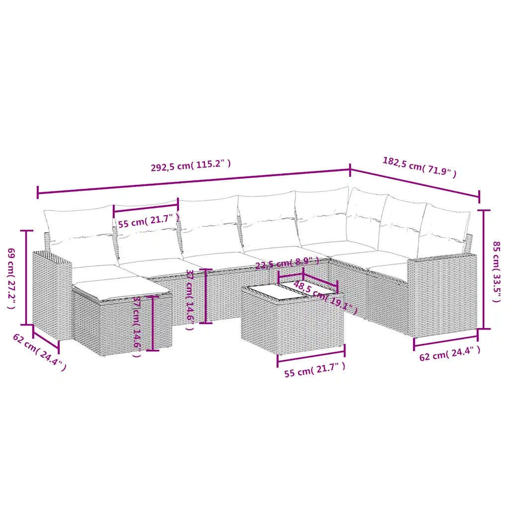 Set Divano da Giardino 9 pz con Cuscini Grigio in Polyrattan 3263596