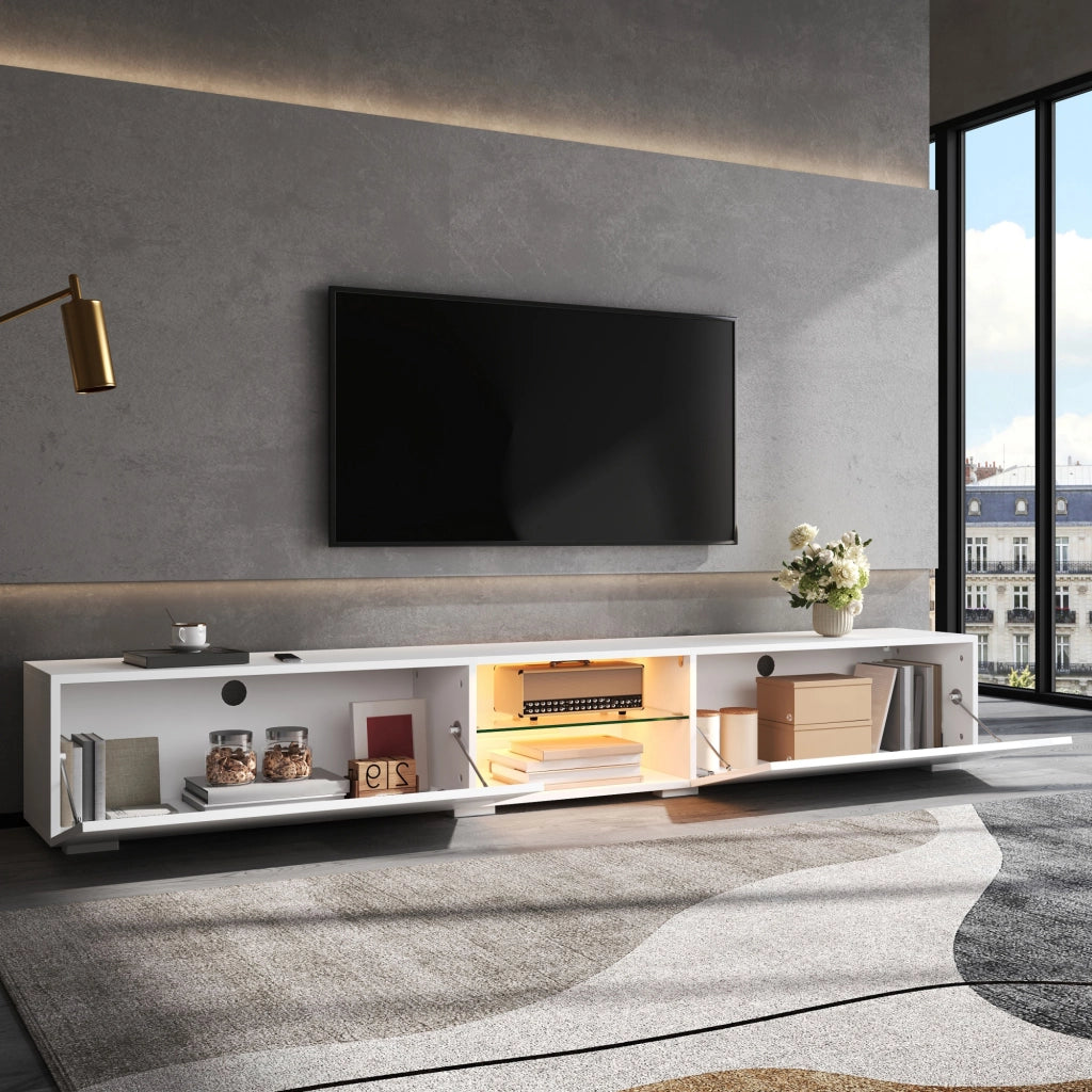 Mobile TV con 2 ante a ribalta; illuminazione LED multicolore e ripiano trasparente per soggiorno; 200 × 30 × 30 cm