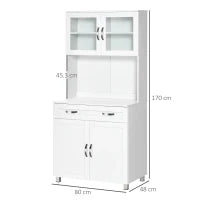 Mobile Cucina Moderno con 2 Armadietti, Ante in Vetro e Mensole Regolabili, 80x48x170 cm, Bianco