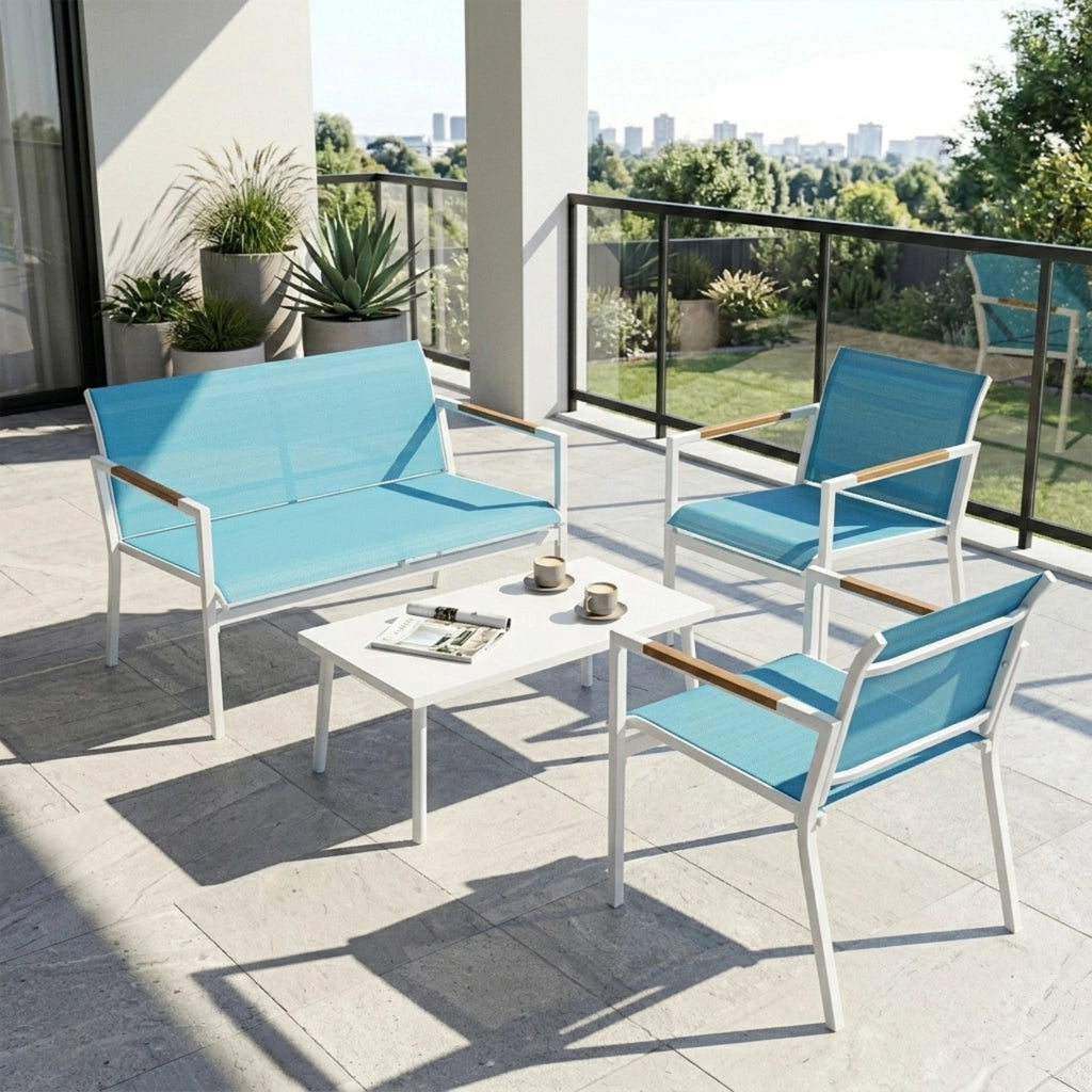 Set 4 Pezzi Salotto da Giardino Divano 2 Poltrone Tavolo in Metallo e Texteline Blu