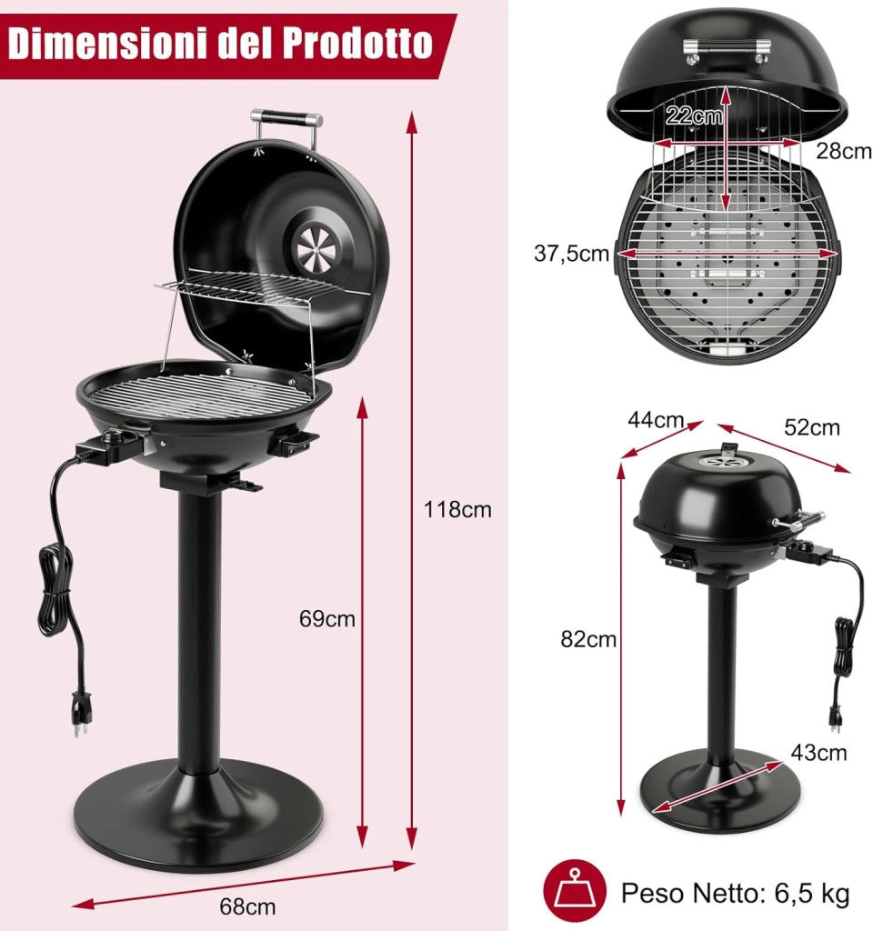 Grill Elettrico per BBQ, Grill Portatile Verticale con Griglia Scaldavivande Rimovibile Antiaderente, Temperatura Regolabile, 1600 W per BBQ, Festa, Campeggio