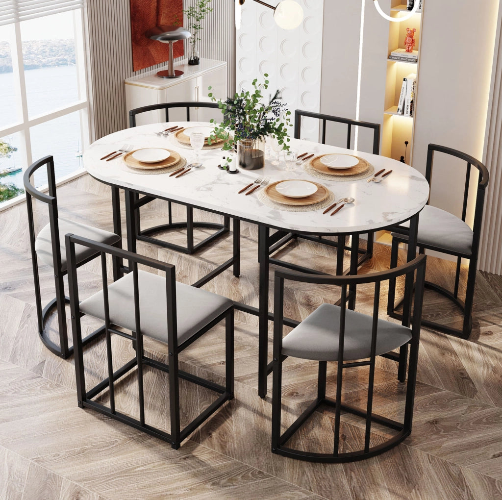 Set tavolo e sedie 140x80x76 cm in MDF bianco e nero, 6 posti
