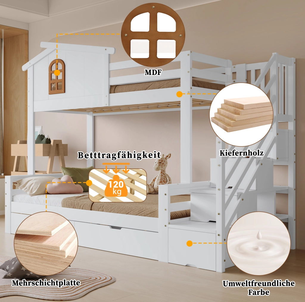 Letto a castello per bambini 90x200 e 120x200 cm bianco naturale
