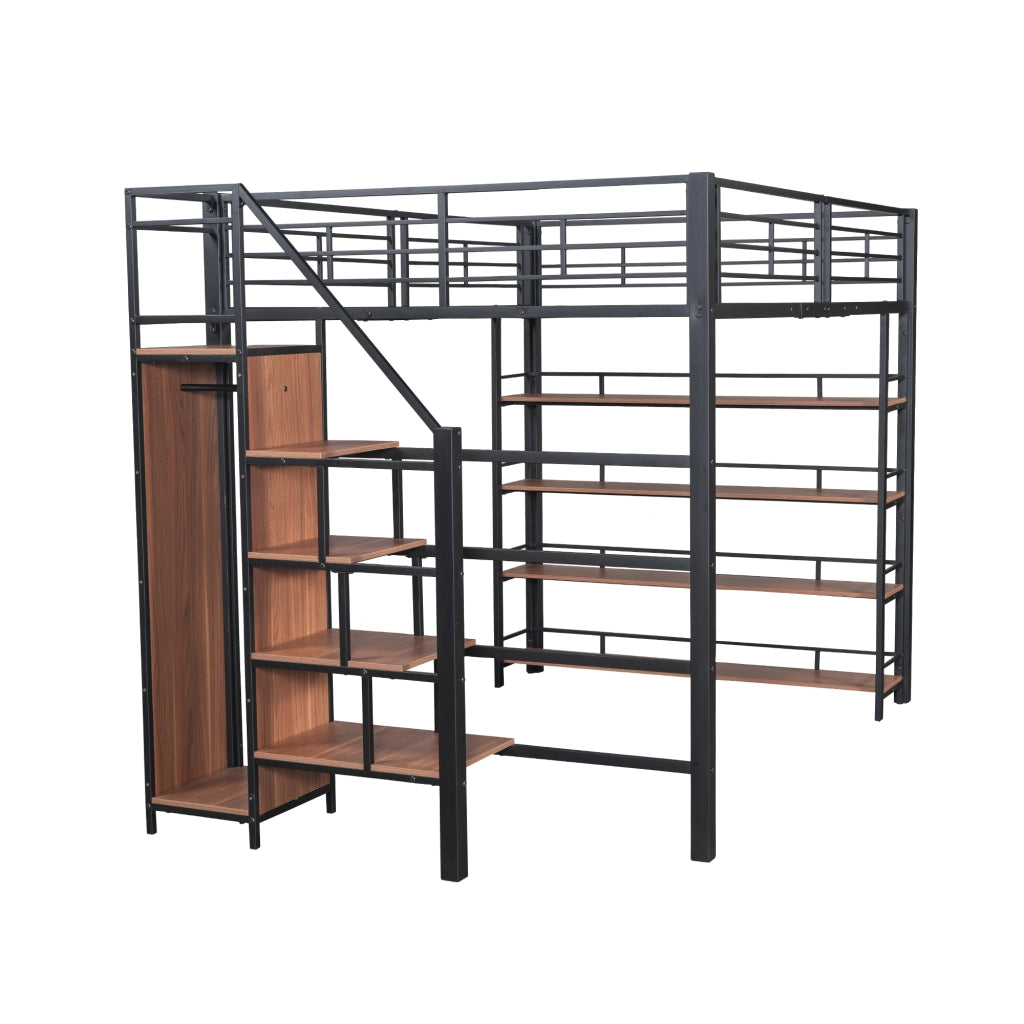 DESMIU Letto a Soppalco 2 Posti con Scala Contenitore, Armadio e Mensole 140 × 200 cm, Senza Materasso